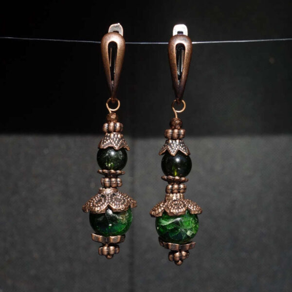 Chrome Diopside Earrings Semi-precious stone round beads Antique Copper Style English Lock Hooks