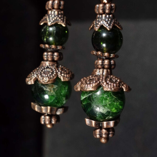 Chrome Diopside Earrings Semi-precious stone round beads Antique Copper Style English Lock Hooks