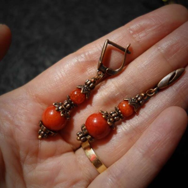 Coral Red Chalcedony Earrings Semi-precious stone round beads Antique Copper Style English Lock Hooks