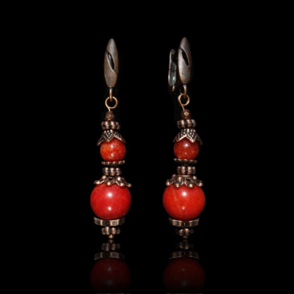 Coral Red Chalcedony Earrings Semi-precious stone round beads Antique Copper Style English Lock Hooks