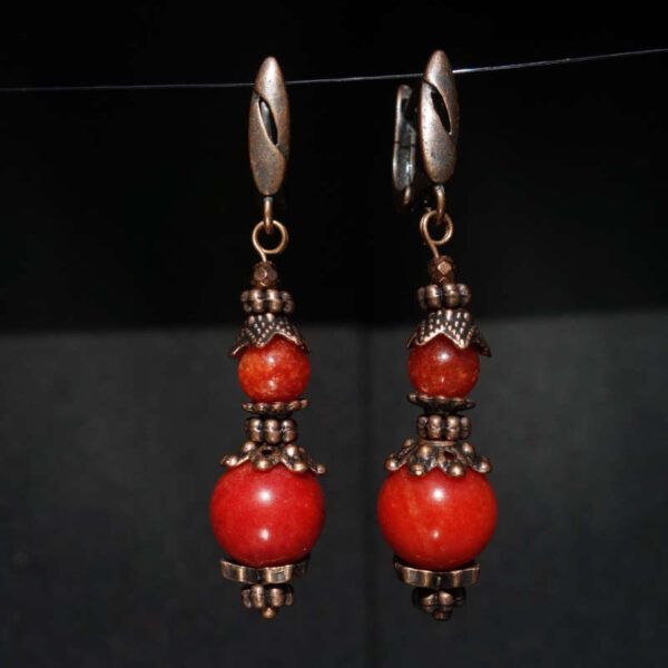 Coral Red Chalcedony Earrings Semi-precious stone round beads Antique Copper Style English Lock Hooks