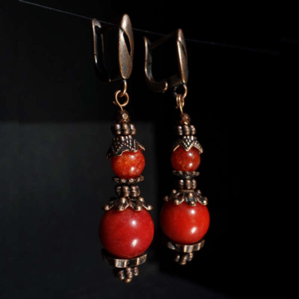 Coral Red Chalcedony Earrings Semi-precious stone round beads Antique Copper Style English Lock Hooks