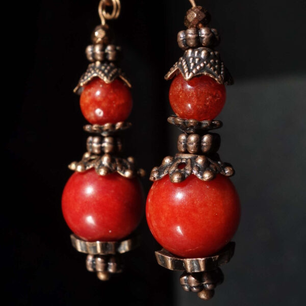 Coral Red Chalcedony Earrings Semi-precious stone round beads Antique Copper Style English Lock Hooks