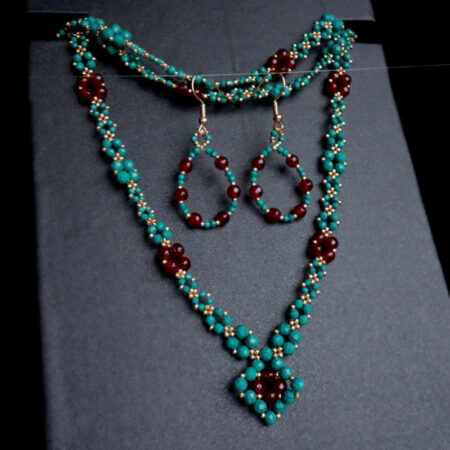 Deep-Ocean-Teal-Artstone-Necklace-Earrings-Set-reconstructed-turquoise-magnesite-howlite-resin-beads-dyed-chaldedony-semi-precious-stone-beads-golden-miyuki-beads-hypoallergic-stai07417s