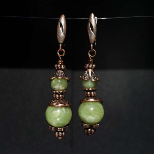 Idocrase Vesuvianite Earrings Semi-precious stone round beads Antique Copper Style English Lock Hooks