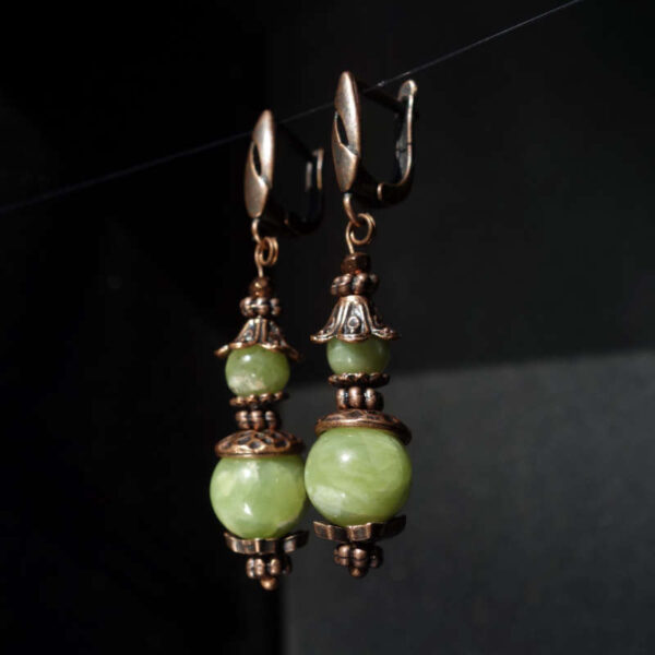 Idocrase Vesuvianite Earrings Semi-precious stone round beads Antique Copper Style English Lock Hooks