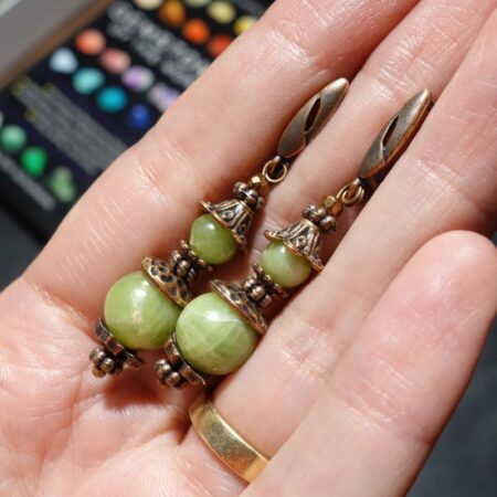 Idocrase Vesuvianite Earrings Semi-precious stone round beads Antique Copper Style English Lock Hooks