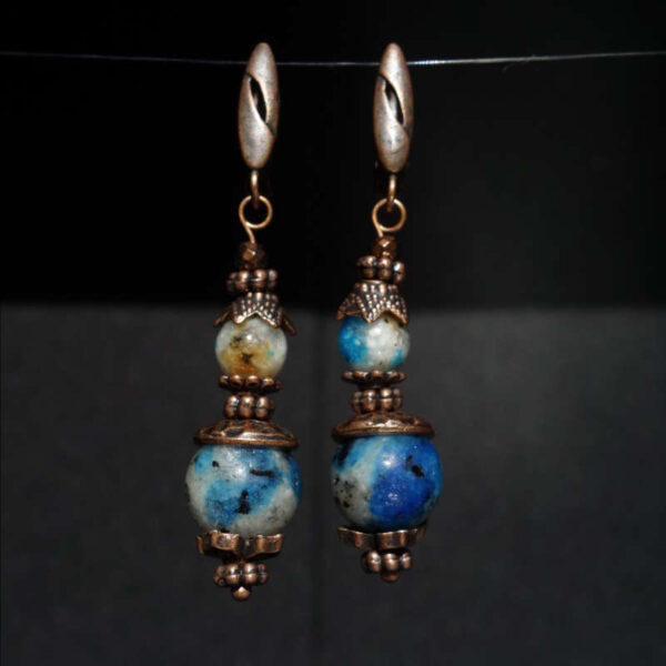 K2 Granite Raindrop Azurite Earrings Semi-precious stone round beads Antique Copper Style English Lock Hooks