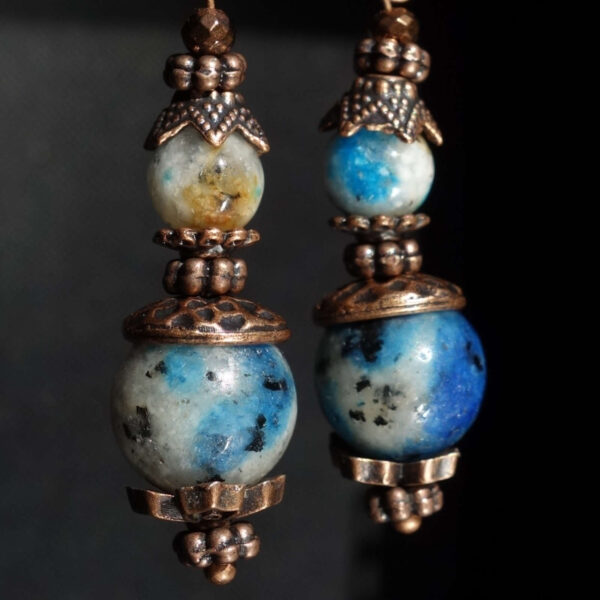 K2 Granite Raindrop Azurite Earrings Semi-precious stone round beads Antique Copper Style English Lock Hooks