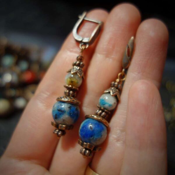 K2 Granite Raindrop Azurite Earrings Semi-precious stone round beads Antique Copper Style English Lock Hooks