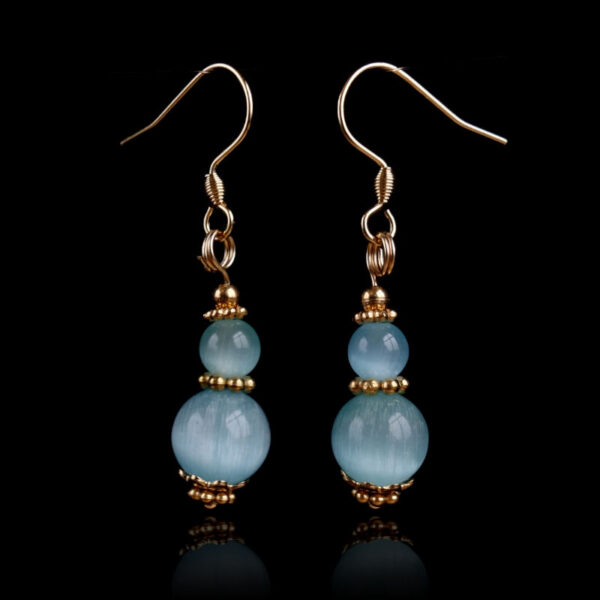 Aquamarine Blue Chatoyant Glass Earrings Art Glass Cat's Eye Round Beads Hypoallergic Stainless Steel Hooks