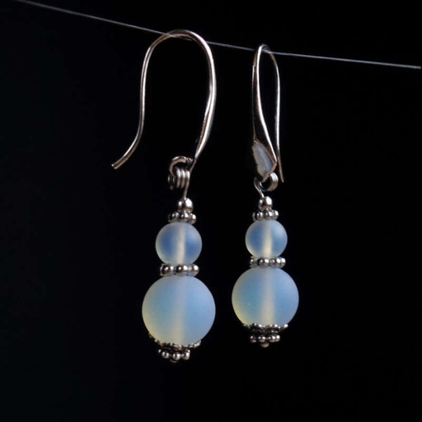 Matte Opalite Earrings Glass Round Beads Rhodium Plated 925 Sterling Silver Hooks