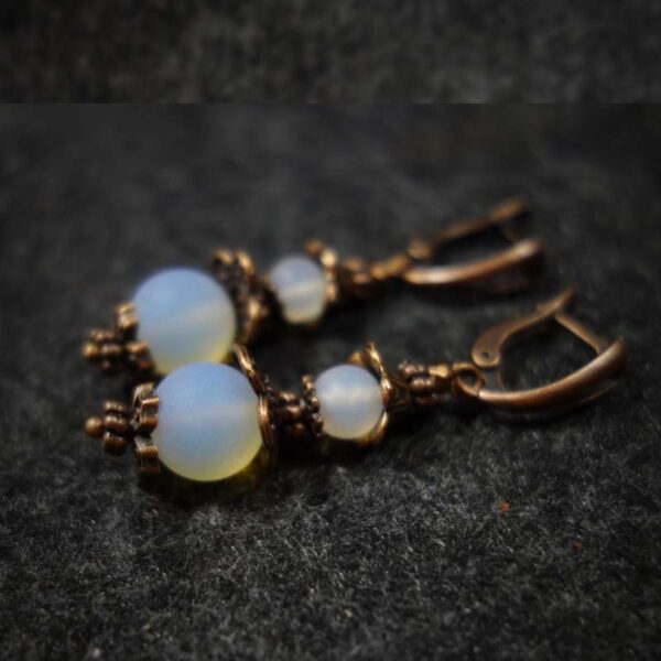 Matte Opalite Earrings art glass round beads Antique Copper Style English Lock Hooks