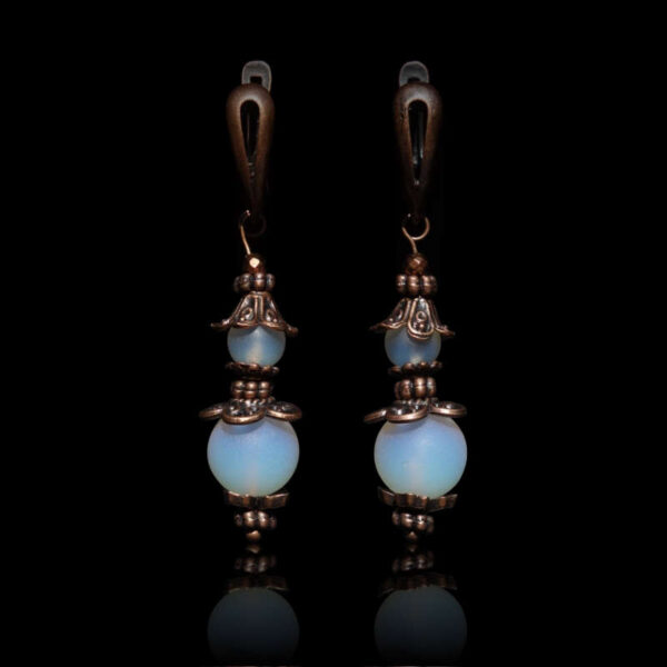 Matte Opalite Earrings art glass round beads Antique Copper Style English Lock Hooks