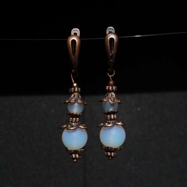 Matte Opalite Earrings art glass round beads Antique Copper Style English Lock Hooks