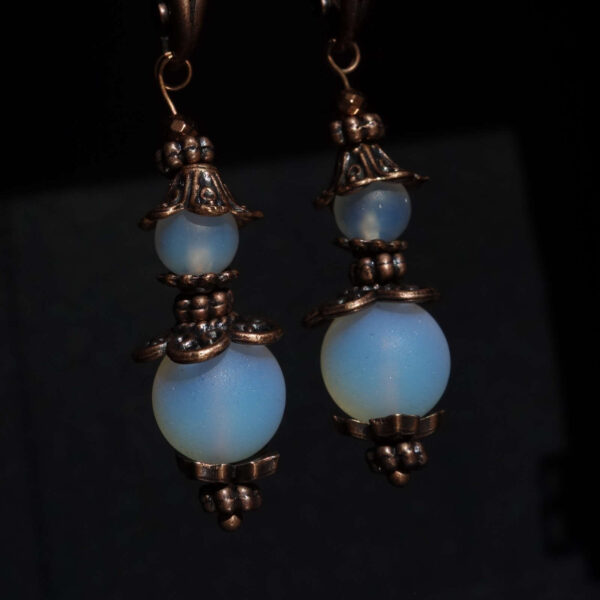 Matte Opalite Earrings art glass round beads Antique Copper Style English Lock Hooks