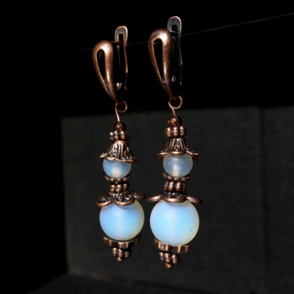 Matte Opalite Earrings art glass round beads Antique Copper Style English Lock Hooks