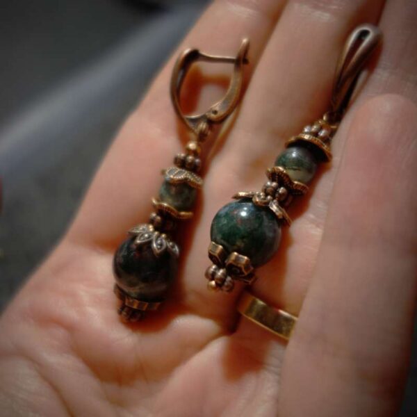 Misty Moss Agate Earrings Semi-precious stone round beads Antique Copper Style English Lock Hooks