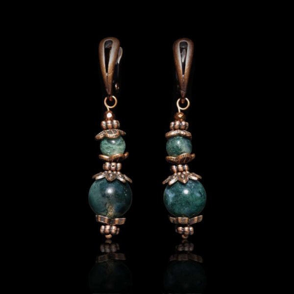 Misty Moss Agate Earrings Semi-precious stone round beads Antique Copper Style English Lock Hooks