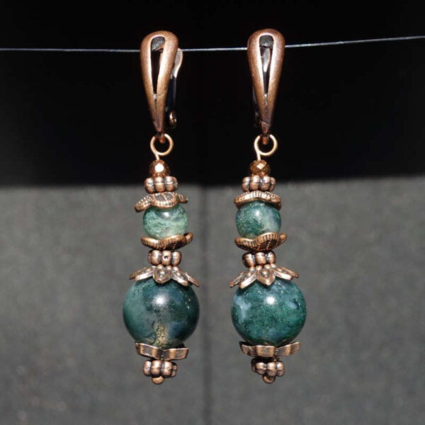 Misty Moss Agate Earrings Semi-precious stone round beads Antique Copper Style English Lock Hooks