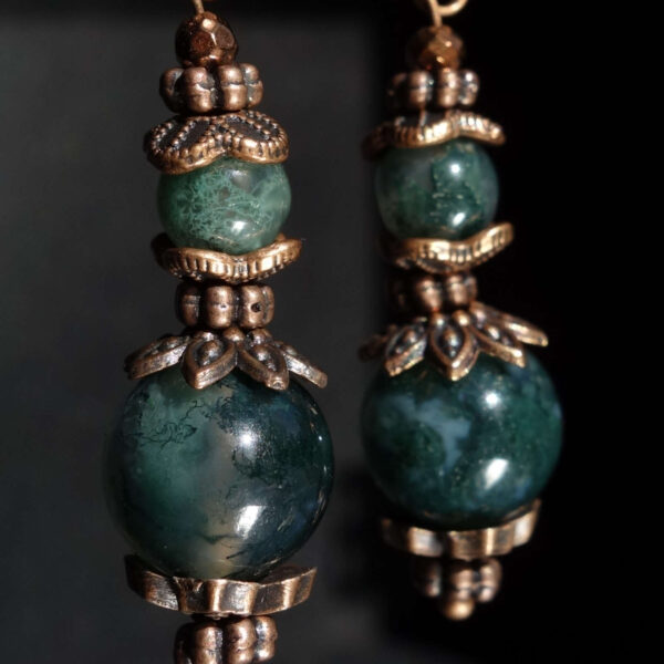 Misty Moss Agate Earrings Semi-precious stone round beads Antique Copper Style English Lock Hooks