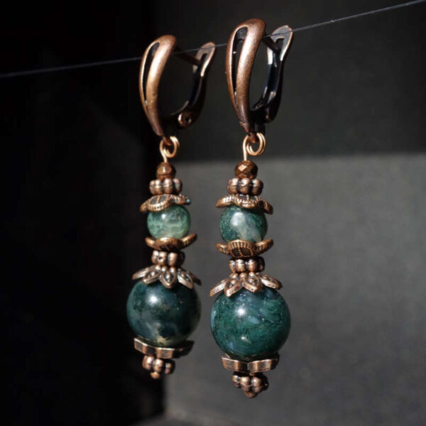 Misty Moss Agate Earrings Semi-precious stone round beads Antique Copper Style English Lock Hooks