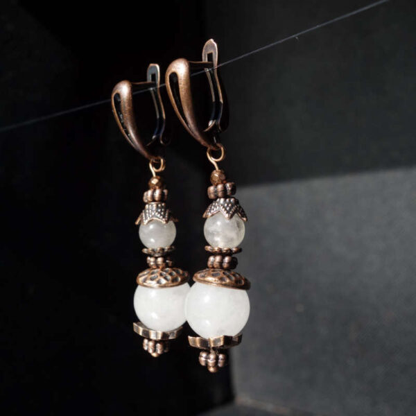 Misty White Chalcedony Earrings Semi-precious stone round beads Antique Copper Style English Lock Hooks