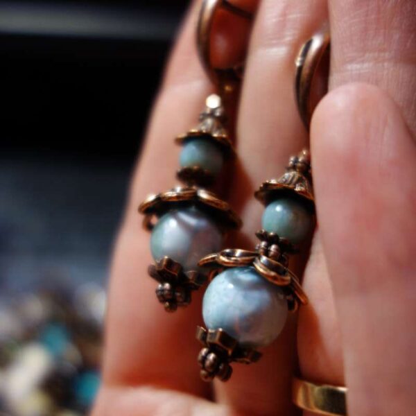 Natural Larimar Earrings Semi-precious stone round beads Antique Copper Style English Lock Hooks