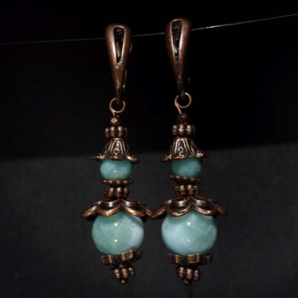 Natural Larimar Earrings Semi-precious stone round beads Antique Copper Style English Lock Hooks