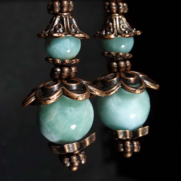 Natural Larimar Earrings Semi-precious stone round beads Antique Copper Style English Lock Hooks