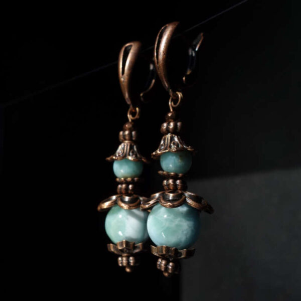 Natural Larimar Earrings Semi-precious stone round beads Antique Copper Style English Lock Hooks