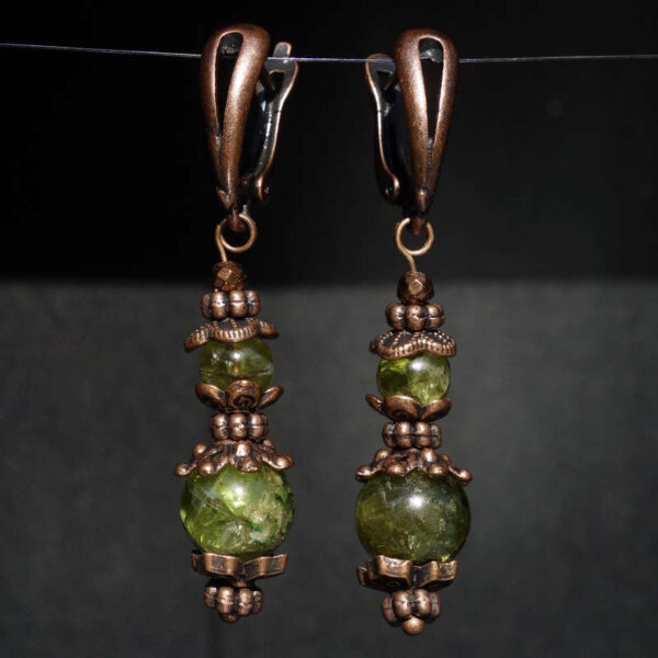 Natural Olivine Peridot Earrings Semi-precious stone round beads Antique Copper Style English Lock Hooks