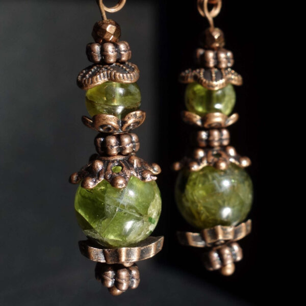 Natural Olivine Peridot Earrings Semi-precious stone round beads Antique Copper Style English Lock Hooks