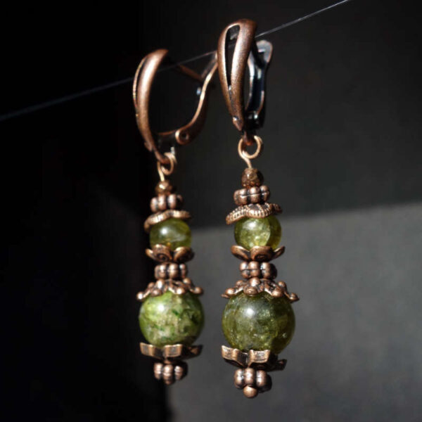 Natural Olivine Peridot Earrings Semi-precious stone round beads Antique Copper Style English Lock Hooks