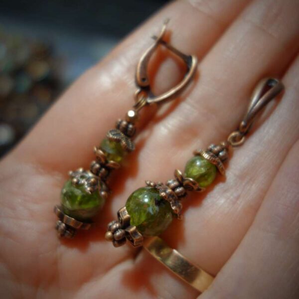 Natural Olivine Peridot Earrings Semi-precious stone round beads Antique Copper Style English Lock Hooks