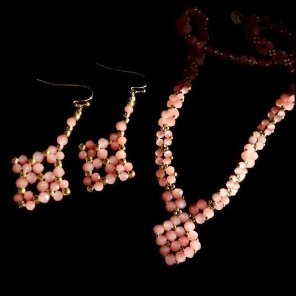 Peach-Pink-Glass-Necklace-Earrings-Set-rondelle-glass-beads-golden-miyuki-beads-hypoallergic-stainless-steel-07138s