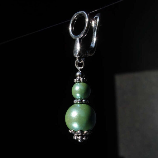 Green Pearlescent Preciosa Pearl Imitation Glass Single Earring Hypoallergic Shvenzy Earwires English Lock Hooks Rhodium Plated Brass and Stainless Steel