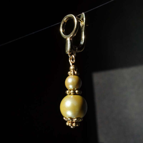 Khaki Pearlescent Preciosa Pearl Imitation Glass Single Earring Hypoallergic Shvenzy Earwires English Lock Hooks Gold Plated Brass and Stainless Steel