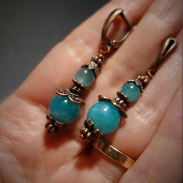 Russian Amazonite Earrings Semi-precious stone round beads Antique Copper Style English Lock Hooks