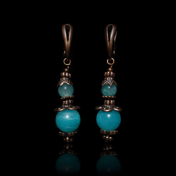 Russian Amazonite Earrings Semi-precious stone round beads Antique Copper Style English Lock Hooks