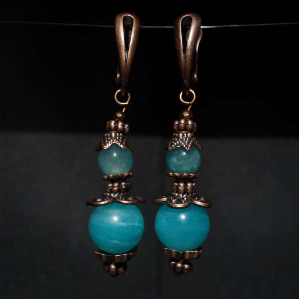 Russian Amazonite Earrings Semi-precious stone round beads Antique Copper Style English Lock Hooks