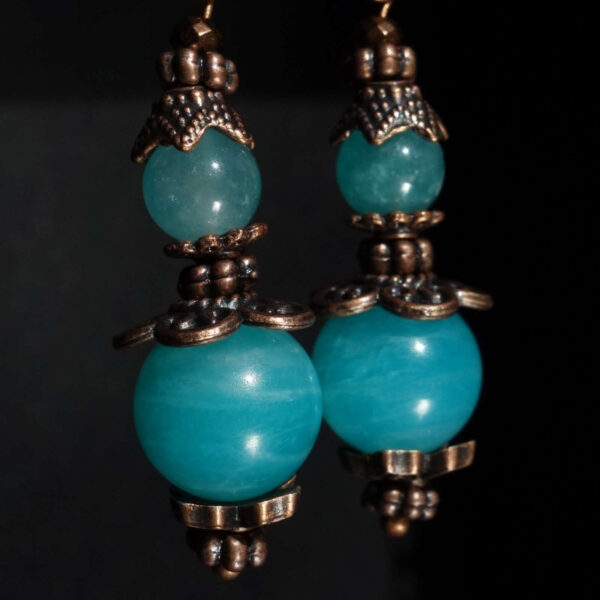 Russian Amazonite Earrings Semi-precious stone round beads Antique Copper Style English Lock Hooks