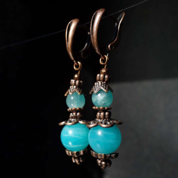 Russian Amazonite Earrings Semi-precious stone round beads Antique Copper Style English Lock Hook