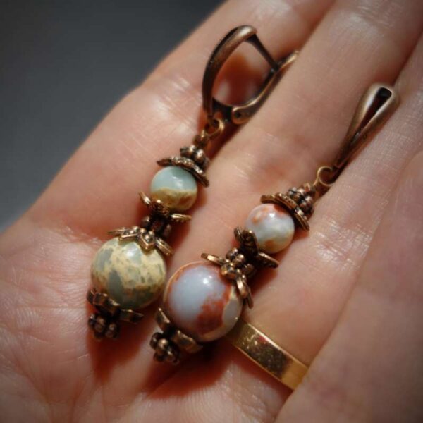 Shoushan Stone Earrings Art Stone Agalmatolite Antique Copper Style English Lock Hook