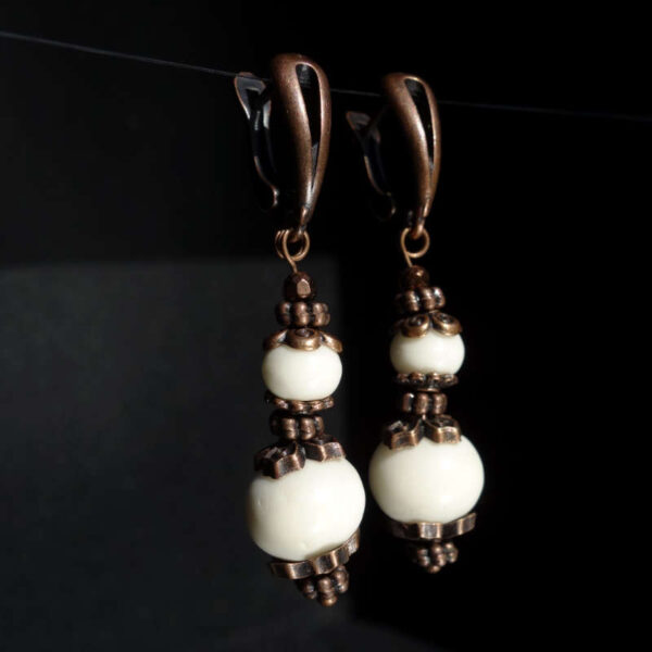 White Yak Bone Earrings Natural Bone Beads Antique Copper Style Brass English Lock Hook