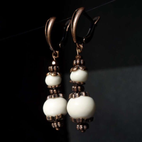 White Yak Bone Earrings Natural Bone Beads Antique Copper Style Brass English Lock Hook