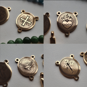 Rosary centerpieces on pvd-plated gold finish stainless steel and laser engraved designs